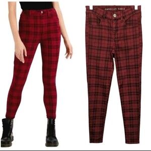AMERICAN EAGLE AEO Jeans  Womens 2  Red Plaid Hi-Rise Jegging Next Level Stretch